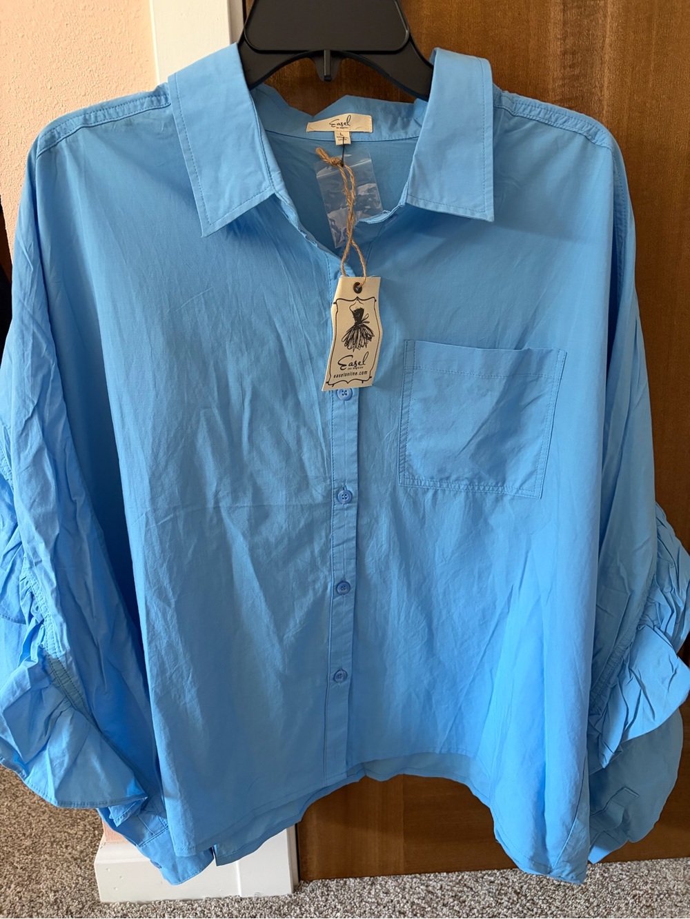 Easel Blue Ruffle Button Down Shirt Size Large